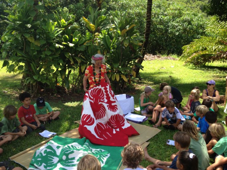 Hawaiian cultural performance woman red dress children audience