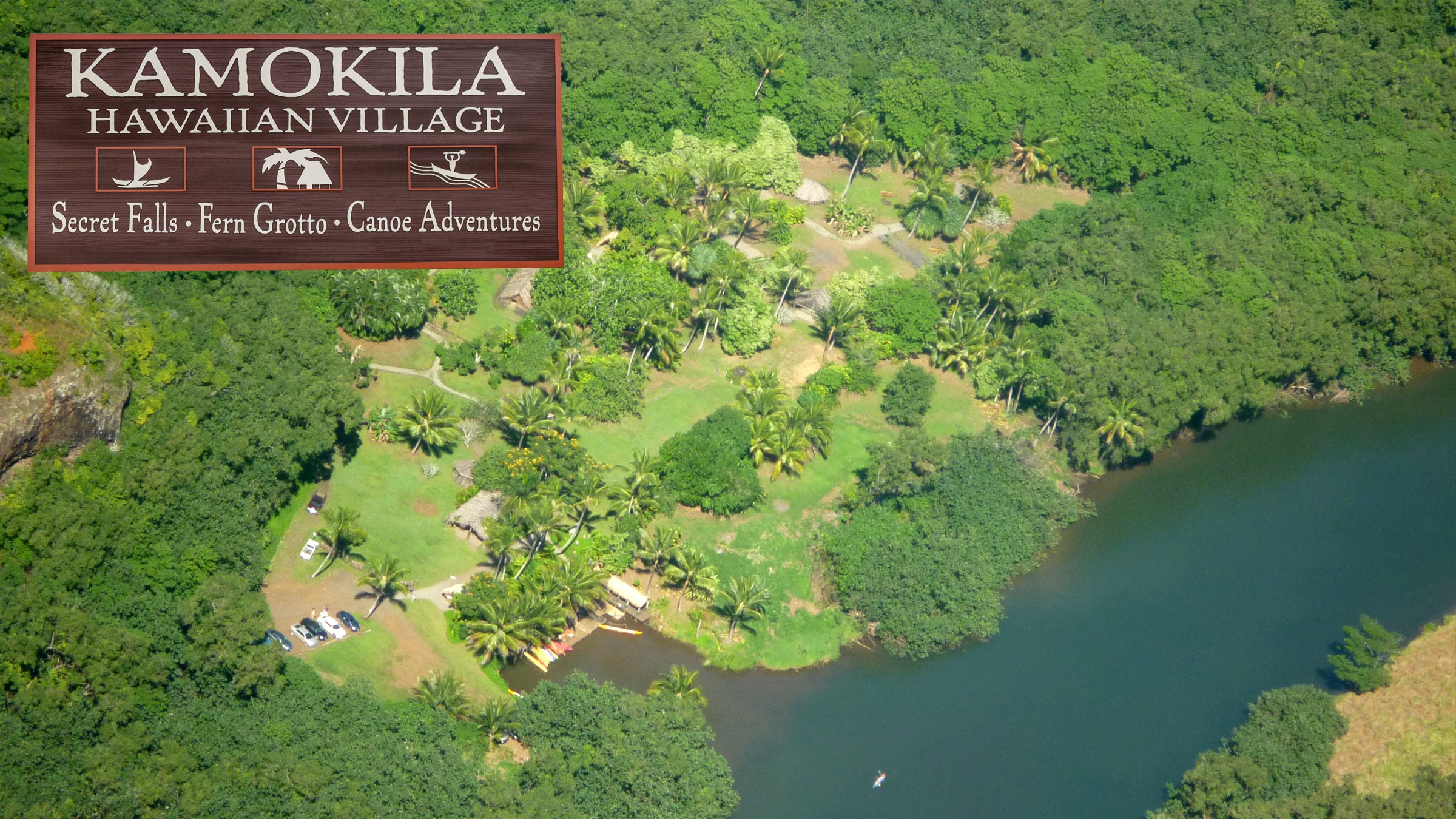 Aerial photograph of Kamokila Hawaiian Village lush green valley