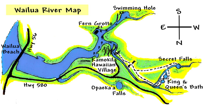Wailua River map showing Swimming Hole, Fern Grotto, Kamokila Hawaiian Village, Secret Falls, and Opaeka'a Falls